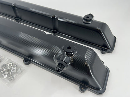 Toyota Supra 2JZ billet valve covers with anodized oil cap and bolts, aftermarket engine parts by Jack Spania Racing