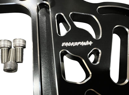Aluminum staging brake mounting plate for K series K20 K24 shifter box, designed for transmission installation by Jack Spania Racing.