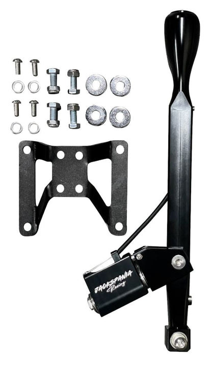 Self-centering short shifter box for BMW E30 to F87 models, by Jack Spania Racing, showing the transmission part and mounting hardware.
