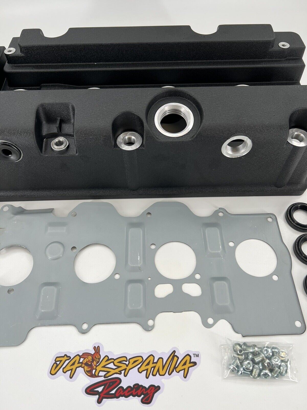 Cast aluminum K Series vented valve cover baffle for Honda Acura K20 K24 engines, with AN10 fittings, by Jack Spania Racing.