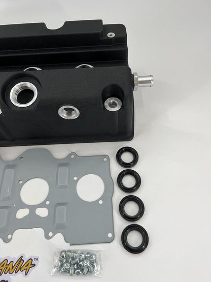 Cast aluminum K Series vented valve cover baffle with AN10 fittings for Honda and Acura K20 and K24 engines, by Jack Spania Racing.