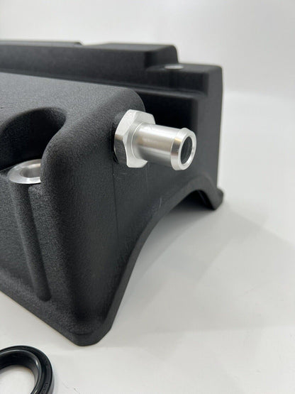 Cast aluminum K Series vented valve cover baffle with AN10 fitting for Honda and Acura K20 and K24 engines, by Jack Spania Racing.
