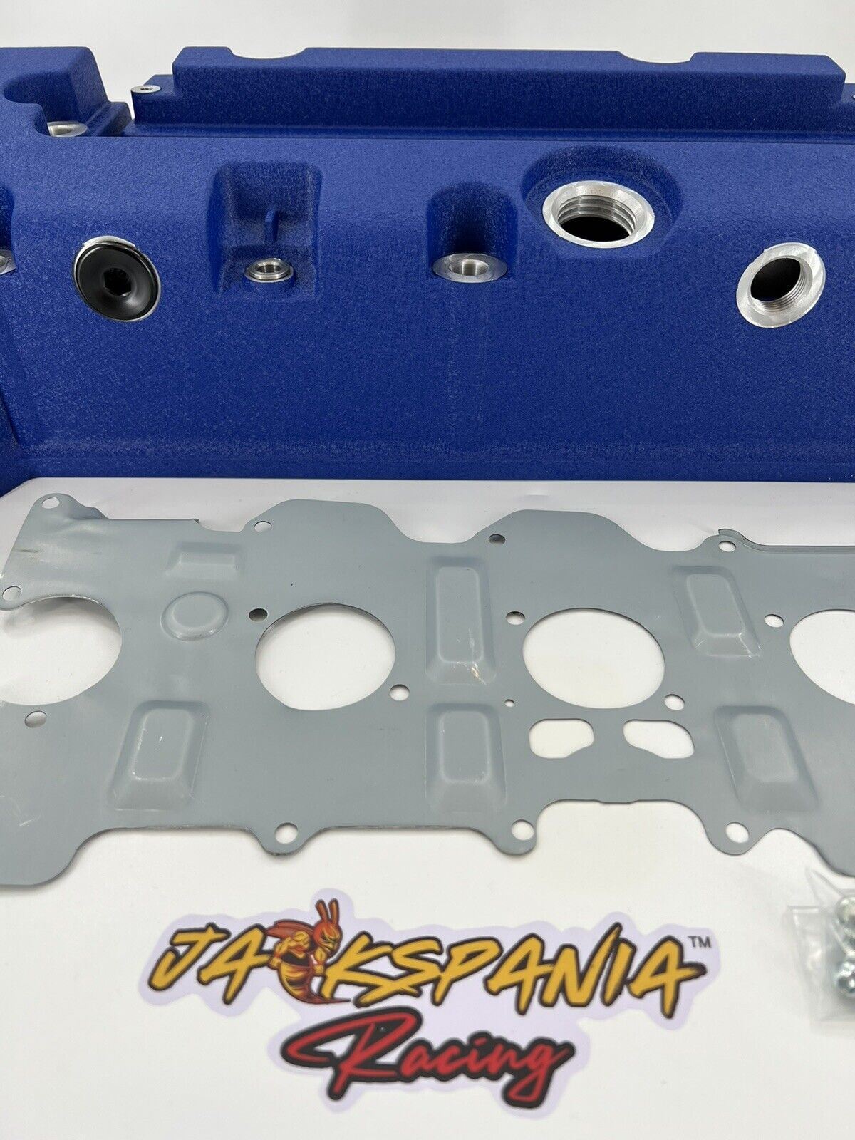 Cast aluminum K Series vented valve cover baffle for Honda Acura K20 K24 engines, featuring AN10 fitting and Jack Spania Racing branding.