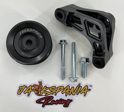 Jack Spania Racing K Series Idler Bracket Kit with power steering pump removal for K24A engines, includes pulley tensioner and JDM pulley.