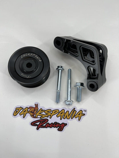 Jack Spania Racing K Series Idler Bracket Kit for K24A engine, includes pulleys and tensioner for power steering pump removal.