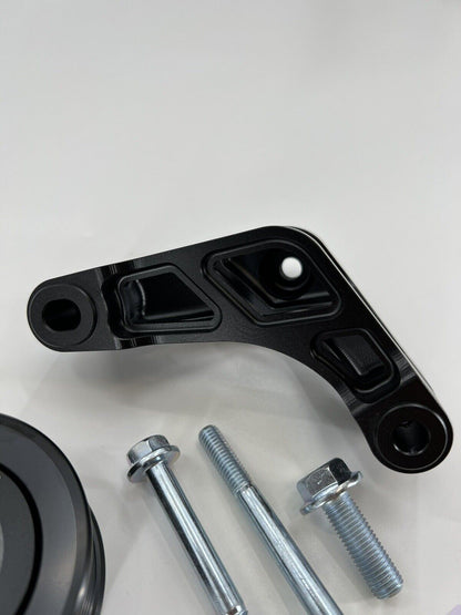 Jack Spania Racing K Series Idler Bracket Kit for K24A engine, includes power steering pump removal, pulley, and tensioner components.