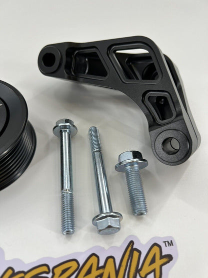Jack Spania Racing K Series Idler Bracket Kit for K24A engine, includes power steering pump removal, pulley, and tensioner components.