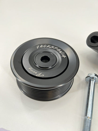 Jack Spania Racing K Series Idler Bracket Kit with pulley tensioner for K24A engine, includes power steering pump removal components.