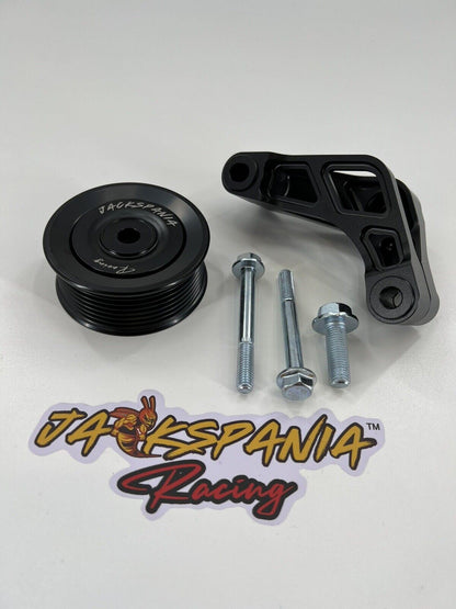 Jack Spania Racing K Series Idler Bracket Kit for K24A engine, includes pulley and tensioner for power steering pump removal.