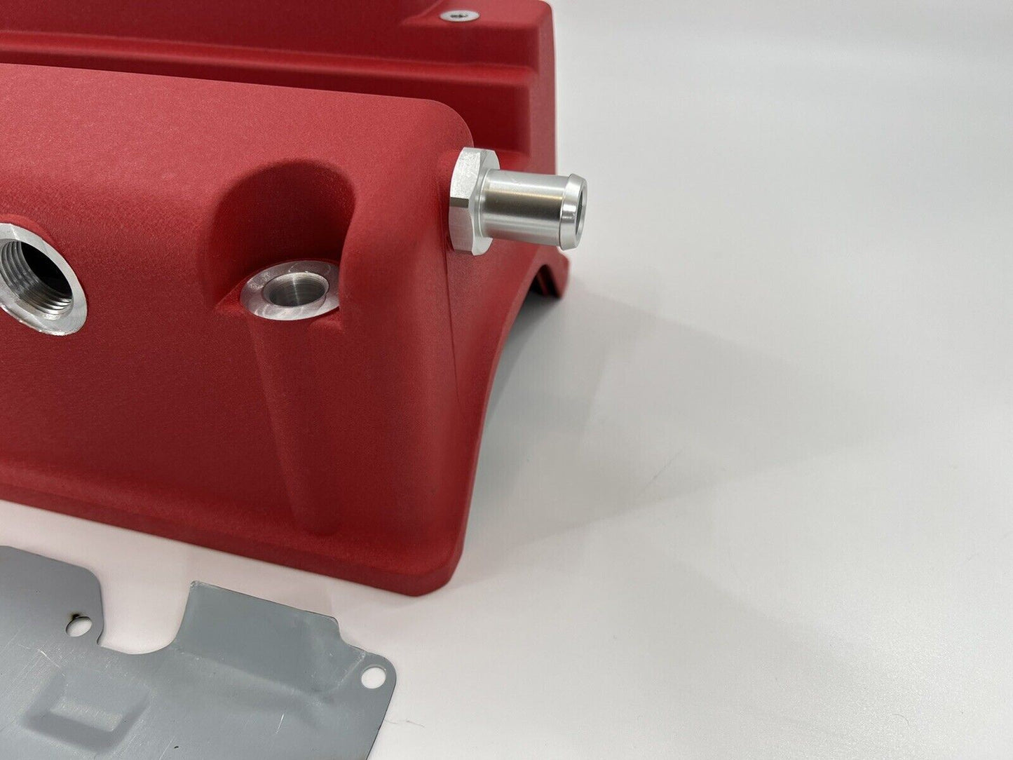 Cast aluminum K Series vented valve cover baffle for Honda Acura K20 K24 engines, by Jack Spania Racing, with AN10 fitting.