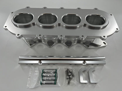 Jack Spania Racing billet B Series intake manifold adapter kit for Skunk2 Ultra Plenum, engine parts shown in the image.