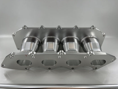 Jack Spania Racing billet B Series intake manifold adapter kit for Skunk2 Ultra Plenum engine parts, shown with mounting details.