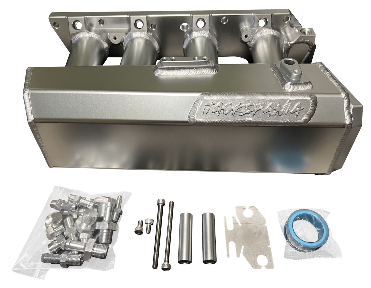 Jack Spania Racing K Series sheet metal intake manifold for K20Z3, K24, K swap engines, shown on engine with mounting details.