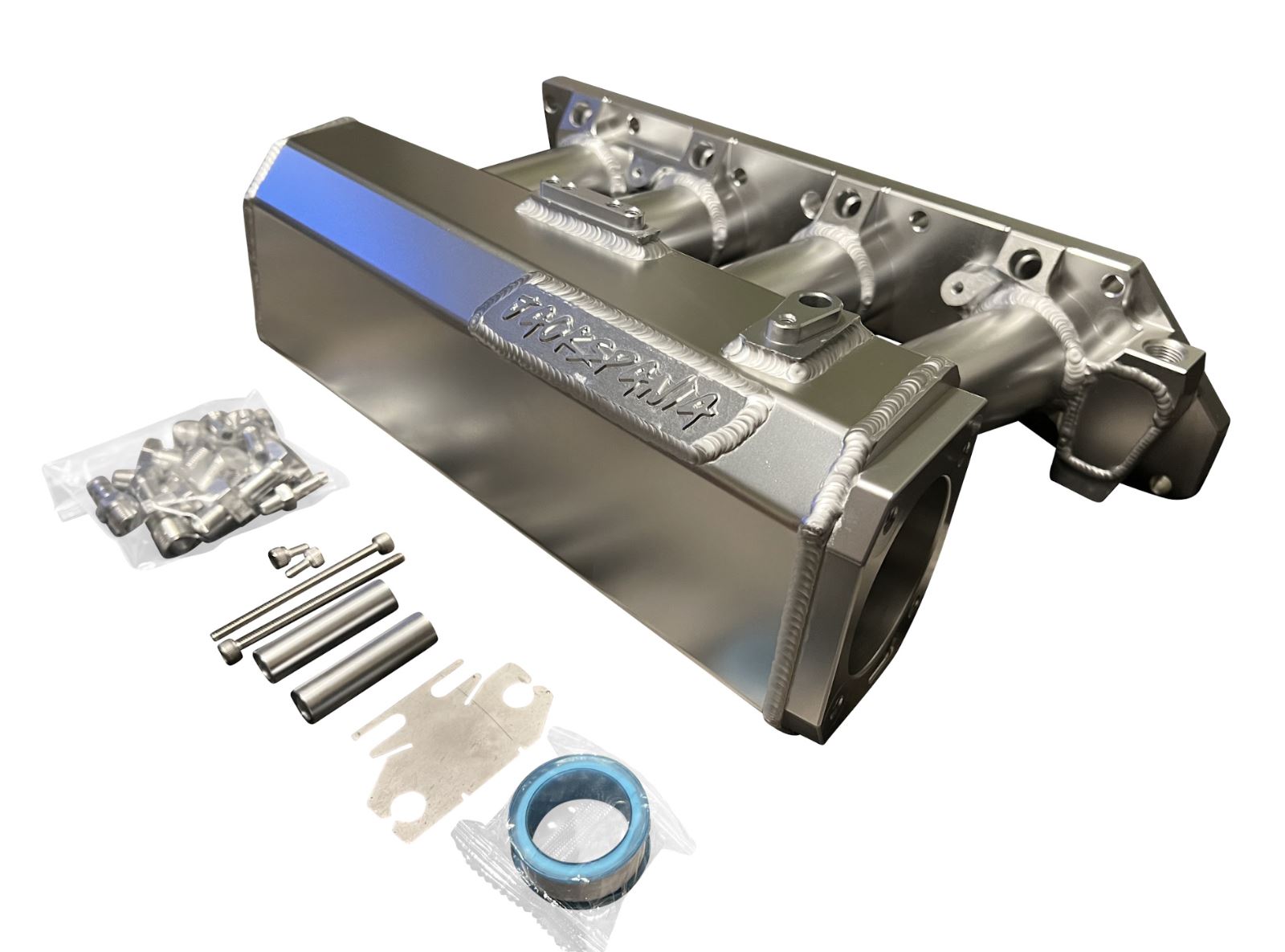 K Series sheet metal intake manifold for K20Z3, K24, and K swap engines by Jack Spania Racing, shown on a motor engine.