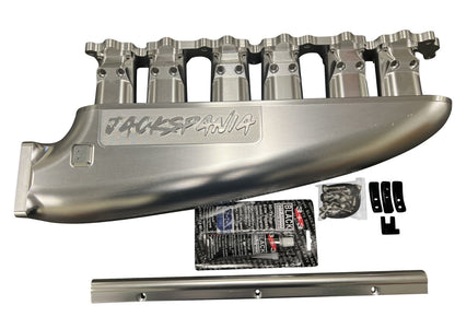 Jack Spania Racing fully billet 2JZ GTE intake manifold with throttle body and six injectors installed on a high-performance engine.