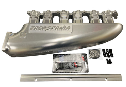 Fully billet 2JZ GTE intake manifold with throttle body and six injectors from Jack Spania Racing for engine performance.