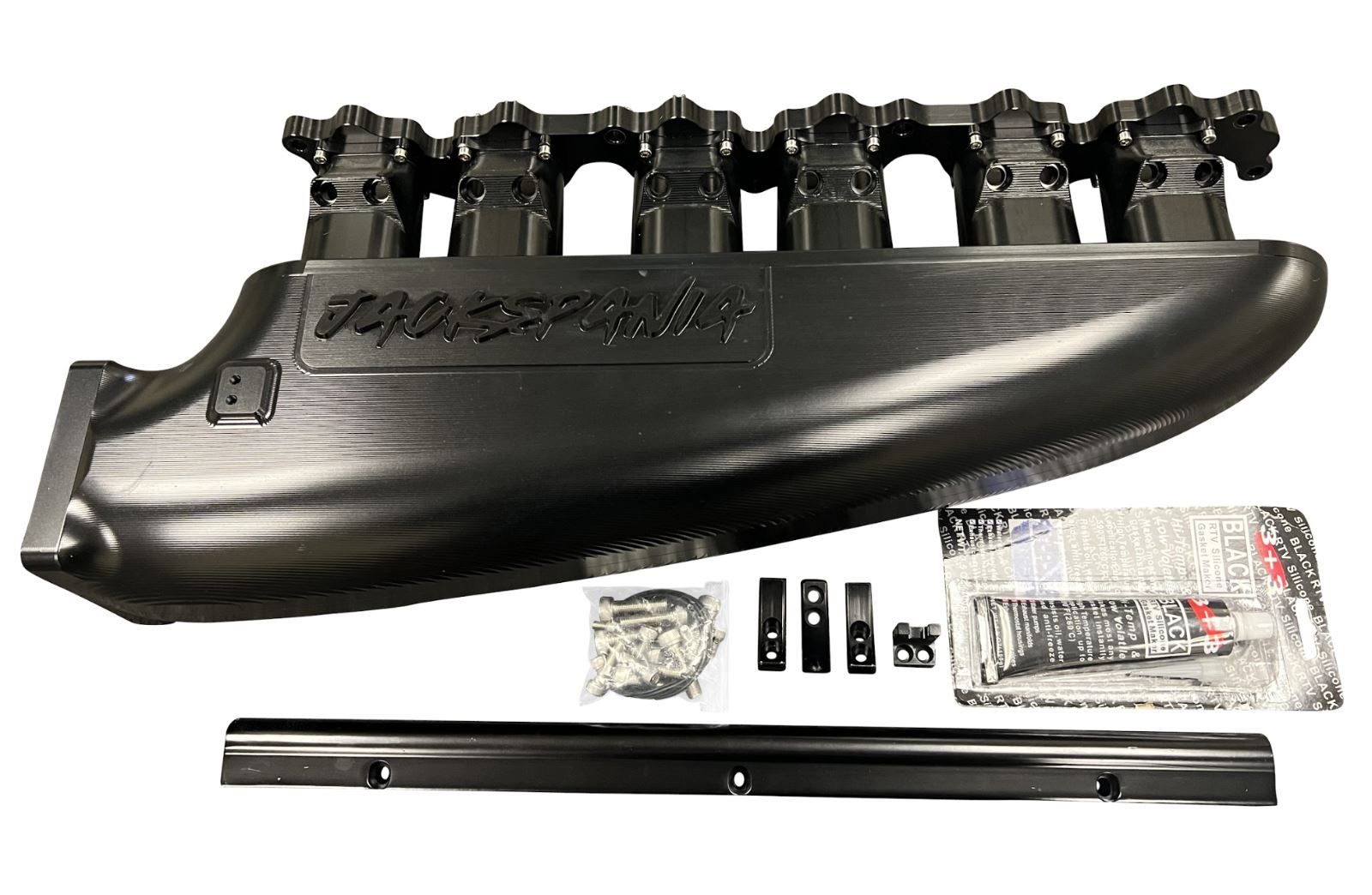 Fully billet 2JZ GTE intake manifold with 12 injector fuel rail and throttle body for high-performance engine tuning.