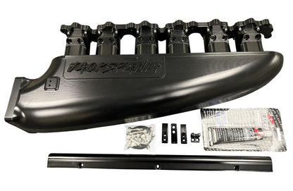 Fully billet 2JZ GTE intake manifold with 12 injector fuel rail and throttle body for high-performance engine tuning.