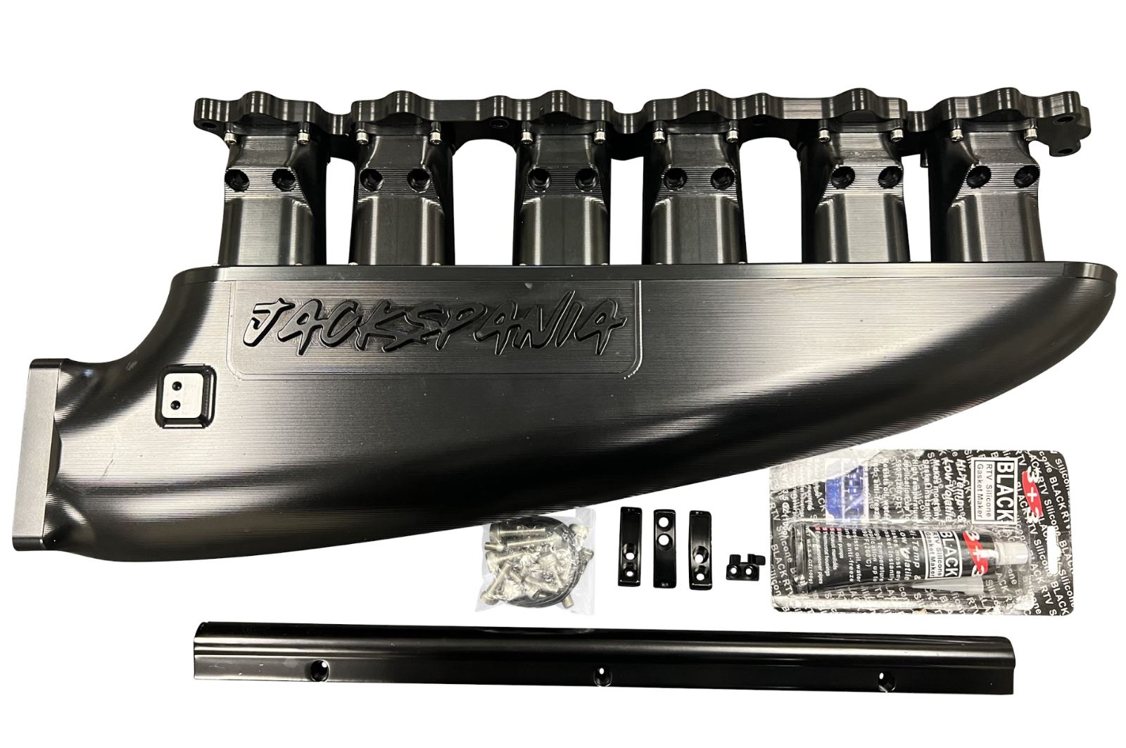 Fully billet 2JZ GTE intake manifold with 12 injector fuel rail and throttle body for engine performance by Jack Spania Racing.