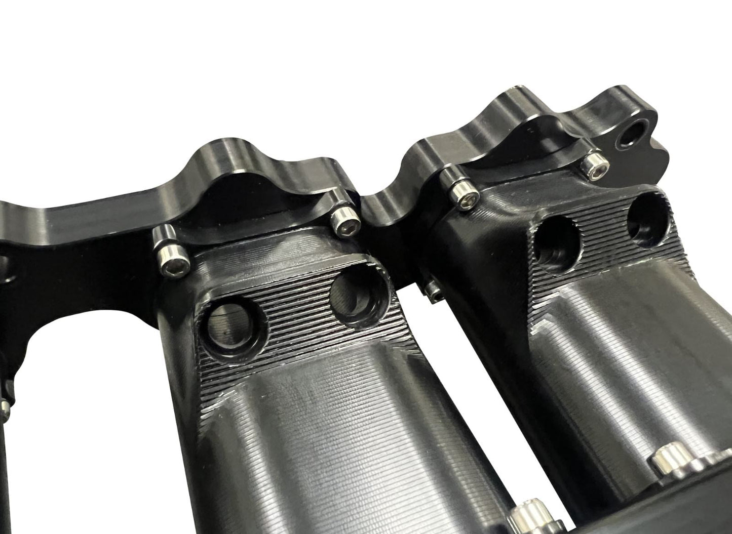 Jack Spania Racing 2JZ GTE intake manifold with 12 injector fuel rail and throttle body, engine parts for performance upgrades.