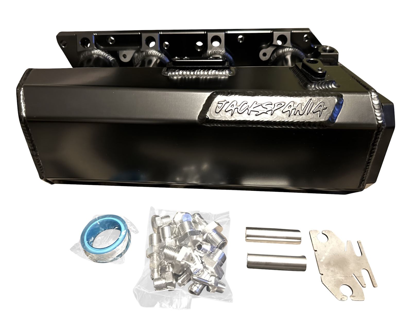 Jack Spania Racing K Series sheet metal intake manifold for K20Z3, K24, K swap engines, installed on a vehicle engine.