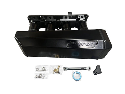 90mm Ultra Side Feed Intake Manifold for K Series K20 K24 engines by Jack Spania Racing, shown with mounting details.