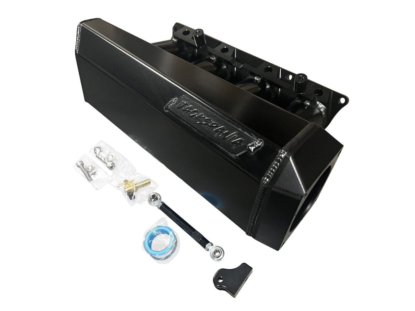 90mm Ultra Side Feed Intake Manifold for K Series K20 K24 engines by Jack Spania Racing, showing the black engine part and fittings.