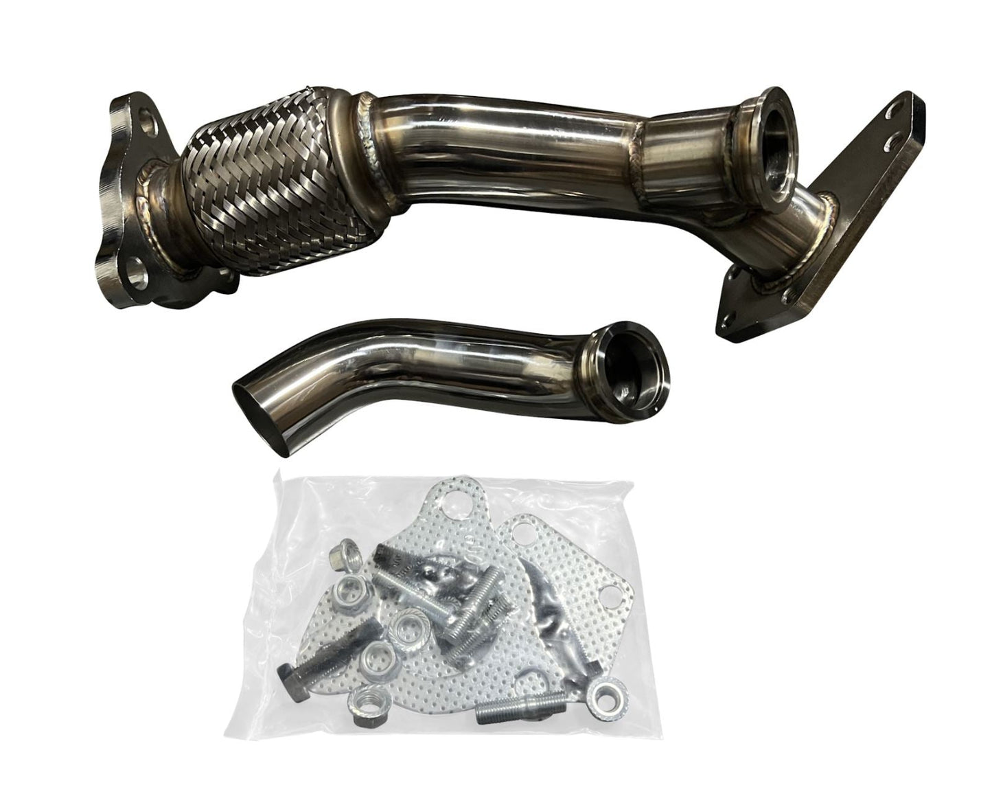 Jack Spania Racing external wastegate up pipe dump tube for Subaru Legacy Outback engine, 2-bolt fitting, durable metal construction.