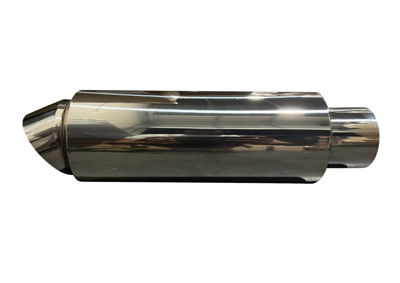 Polished stainless steel Turn Down Dolphin Muffler by Jack Spania Racing with 3-inch inlet and 3.5-inch outlet for exhaust systems.
