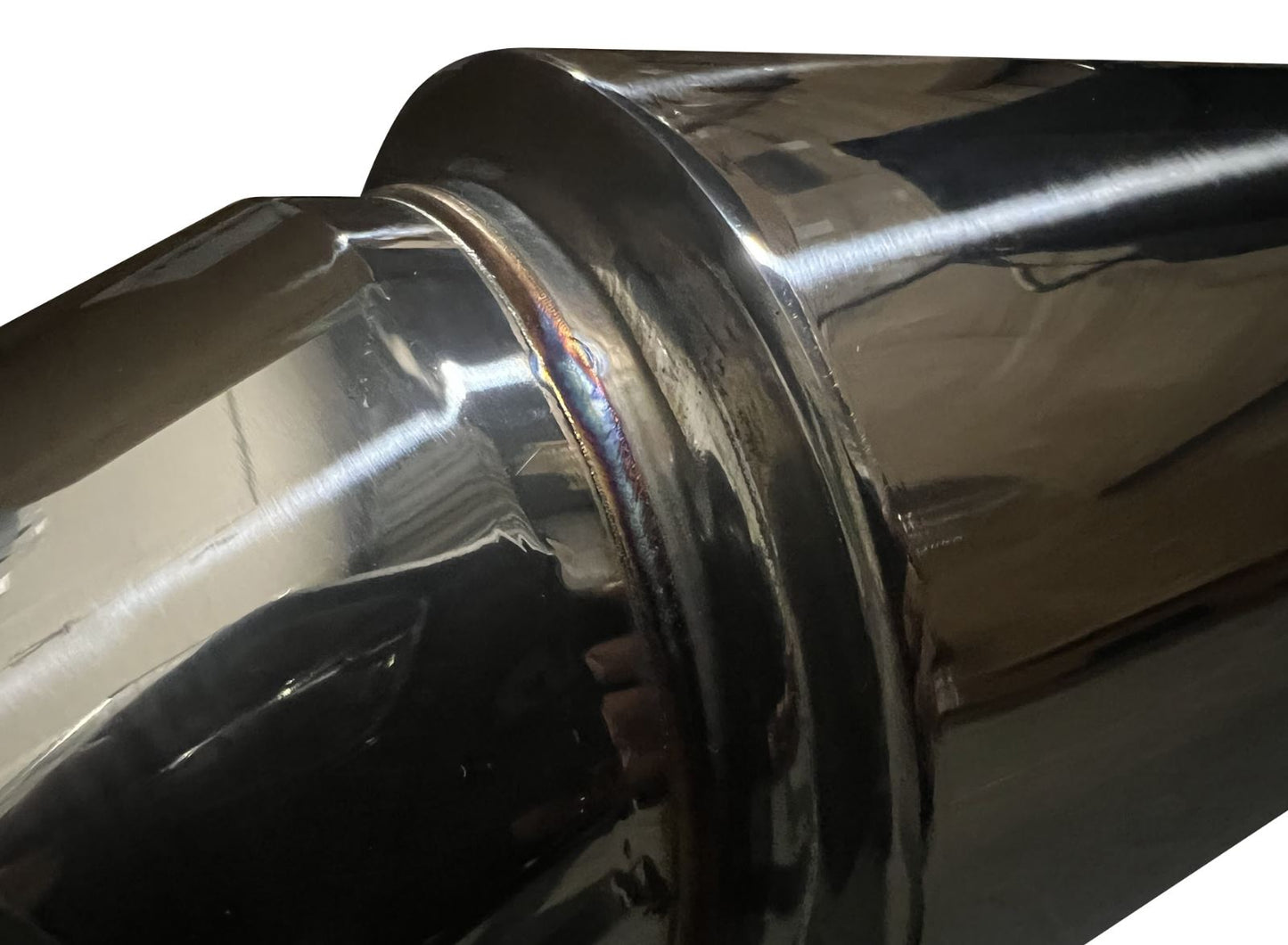 Polished stainless steel Turn Down Dolphin Muffler with 3" inlet and 3.5" outlet, designed for universal exhaust systems by Jack Spania Racing.