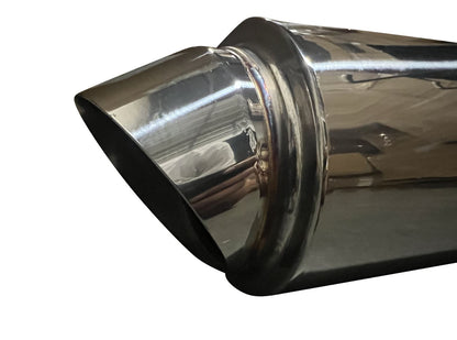 Polished stainless steel Jack Spania Racing dolphin muffler with 3-inch inlet and 3.5-inch outlet for universal exhaust systems.