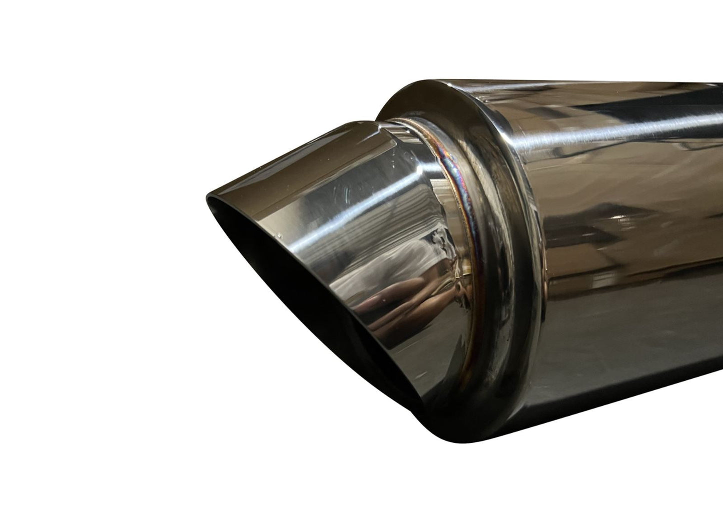 Stainless steel Turn Down Dolphin Muffler for exhaust systems, 3" inlet, 3.5" outlet, polished finish by Jack Spania Racing.