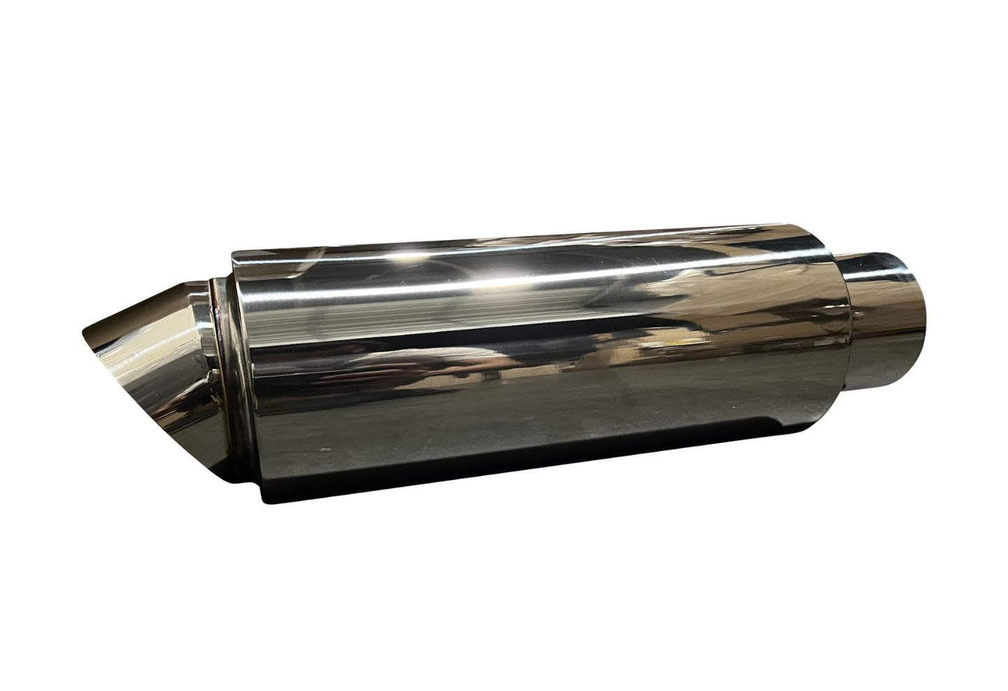 Polished stainless steel dolphin muffler with 3" inlet and 3.5" outlet, universal exhaust part by Jack Spania Racing