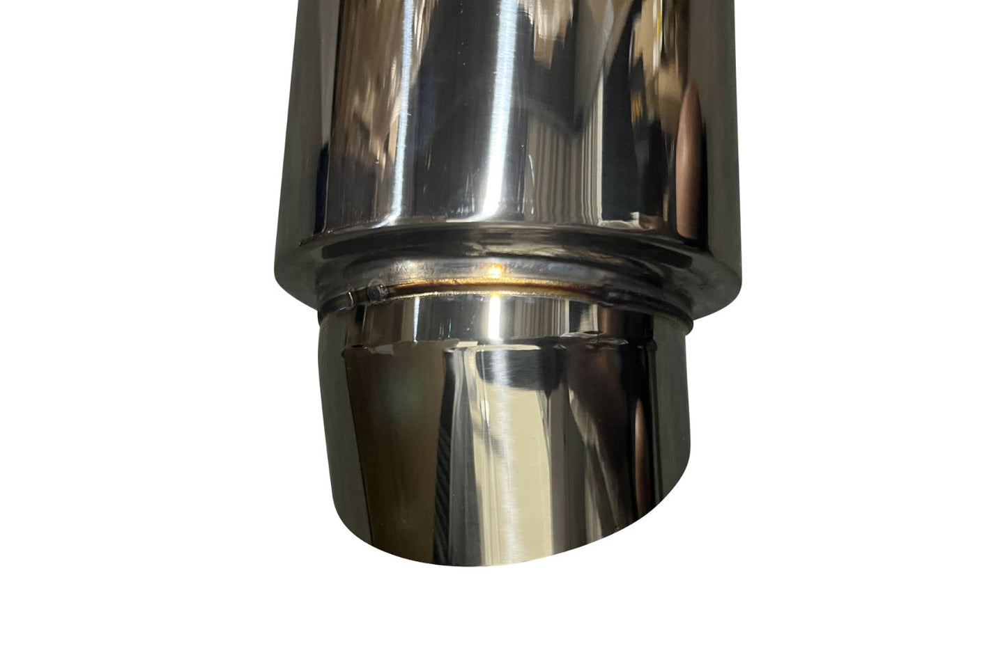 Polished stainless steel Jack Spania Racing dolphin muffler with 3-inch inlet and 3.5-inch outlet for universal exhaust systems.