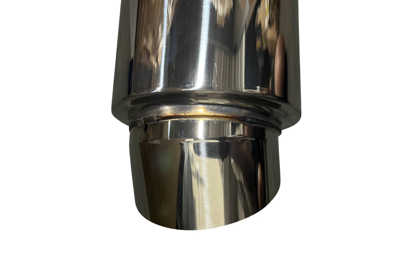 Polished stainless steel Jack Spania Racing dolphin muffler with 3-inch inlet and 3.5-inch outlet for universal exhaust systems.