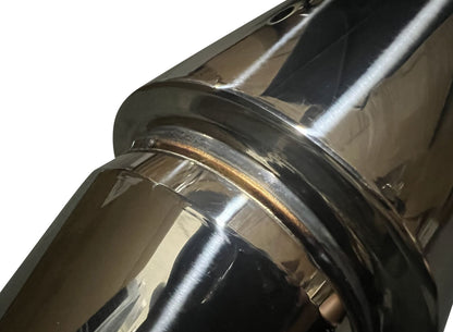 Polished stainless steel dolphin muffler by Jack Spania Racing with 3-inch inlet and 3.5-inch outlet for universal exhaust systems.