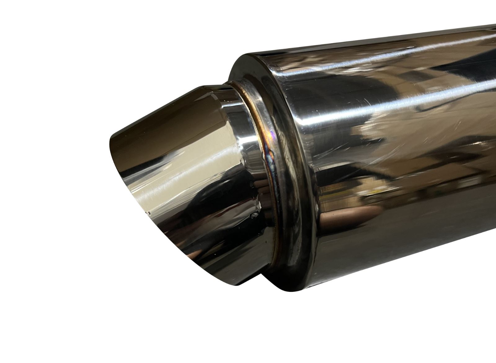 Polished stainless steel dolphin muffler for exhaust systems, 3-inch inlet and 3.5-inch outlet, by Jack Spania Racing.