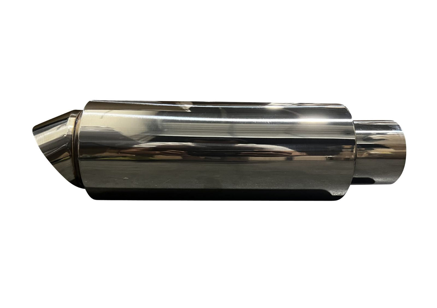 Polished stainless steel Turn Down Dolphin Muffler by Jack Spania Racing with 3-inch inlet and 3.5-inch outlet for exhaust systems