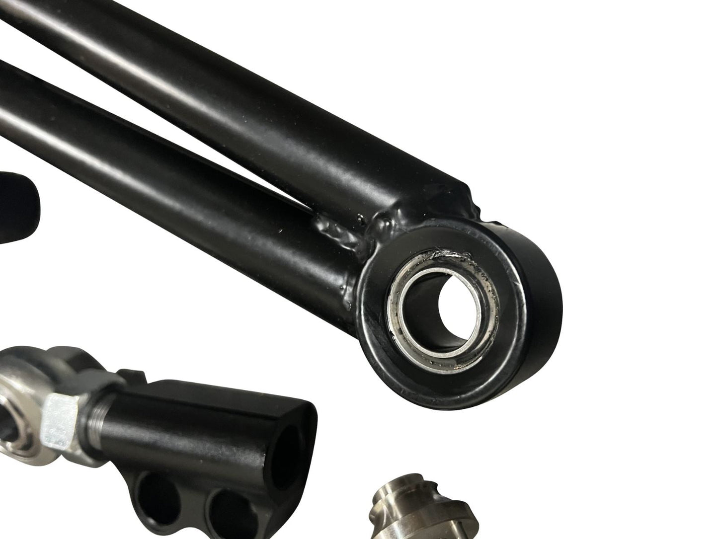 Adjustable front steering drift lower control arm kit for BMW E36 by Jack Spania Racing, featuring wide angle design.