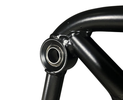 Jack Spania Racing adjustable drift lower control arm for BMW E36, wide angle kit, transmission part, in black with mounting hardware.