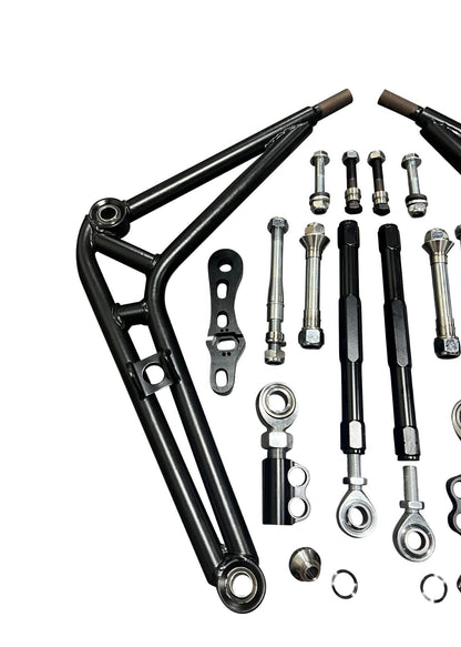 Jack Spania Racing adjustable drift lower control arm for BMW E36, featuring wide angle kit for improved steering and handling.