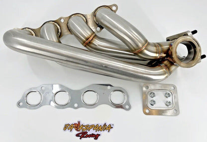Jack Spania Racing K Swap K Series turbo manifold with intercooler, T3/T4 flange, sidewinder design, for K20 and K24 engines.