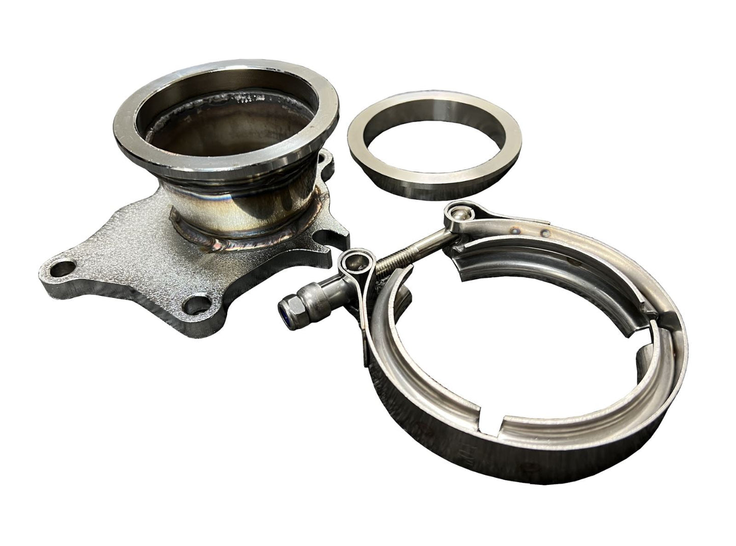 Jack Spania Racing turbo exhaust flange to 2.5 and 3-inch V band clamp conversion adapter with 5-bolt T3 T4 flanges