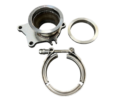 Jack Spania Racing turbo exhaust flange to 2.5" and 3" conversion adapter with V-band flange clamp and 5-bolt T3 T4 kit