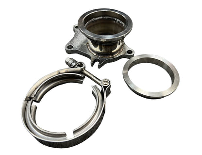 Jack Spania Racing turbo exhaust flange to 2.5" and 3" conversion adapter with V-band clamp and 5-bolt T3 T4 flange.