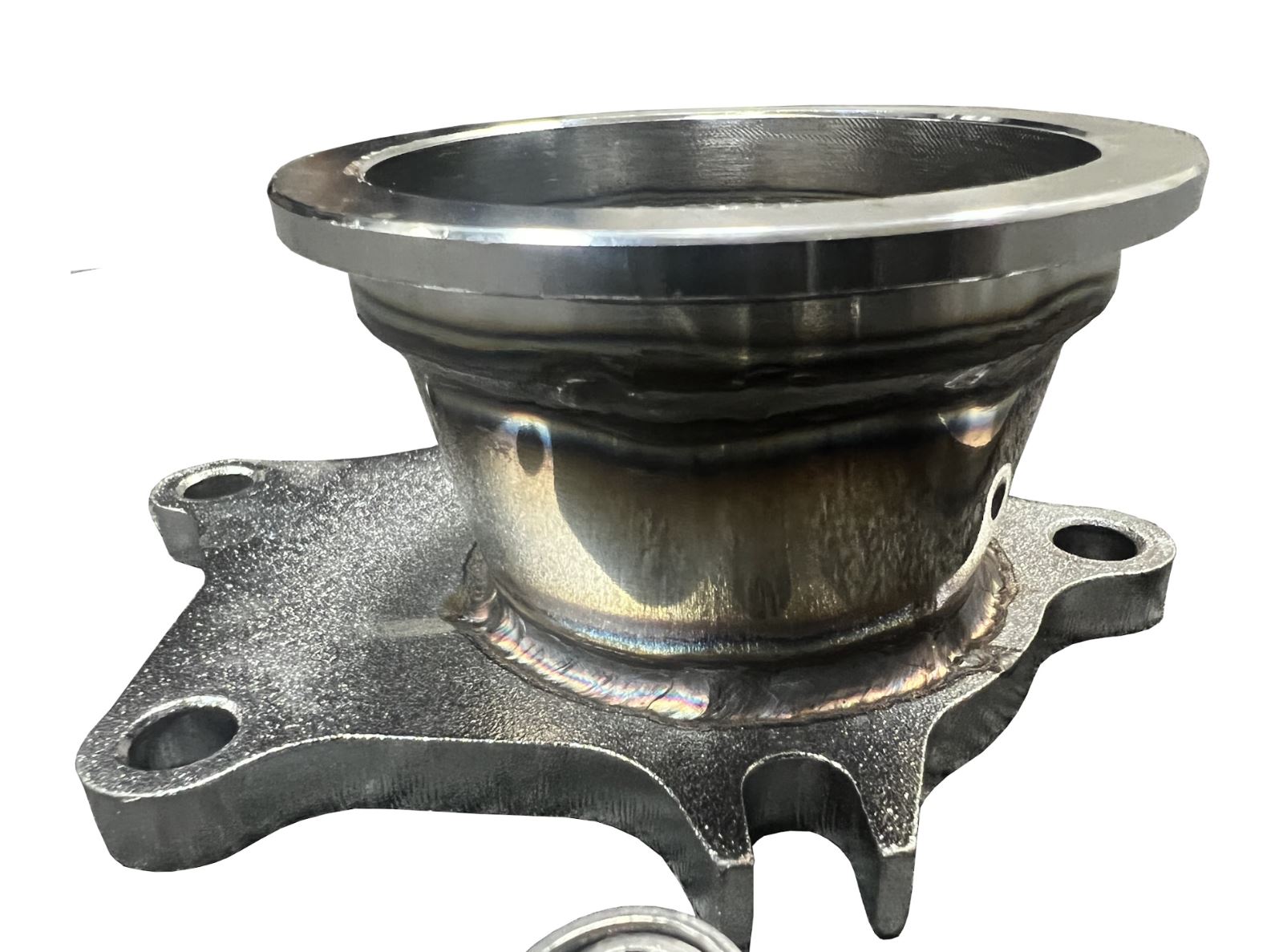 Jack Spania Racing turbo exhaust flange adapter, 2.5" to 3" V-band clamp with T3 T4 5-bolt kit for exhaust system upgrades.