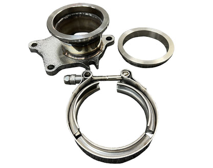 Jack Spania Racing turbo exhaust flange to 2.5 and 3-inch conversion adapter with V-band clamp and 5-bolt T3/T4 flange