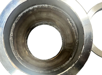 Jack Spania Racing turbo exhaust flange to 2.5" and 3" conversion adapter with T3/T4 5-bolt V-band clamp, metal exhaust parts.