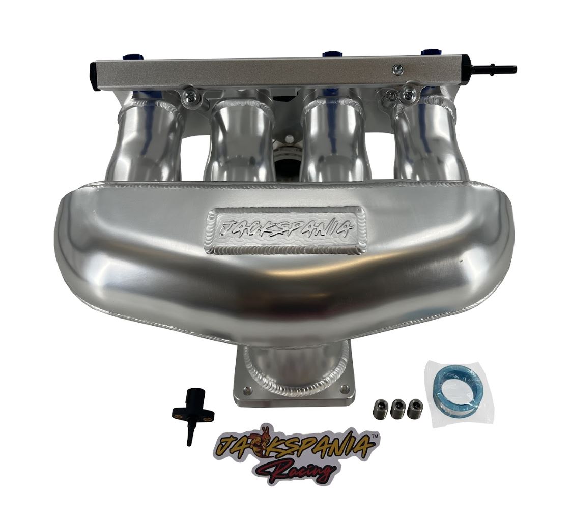 Jack Spania Racing K Series center feed intake manifold sheet metal for K20 and K24 engines, showing the detailed metal construction.