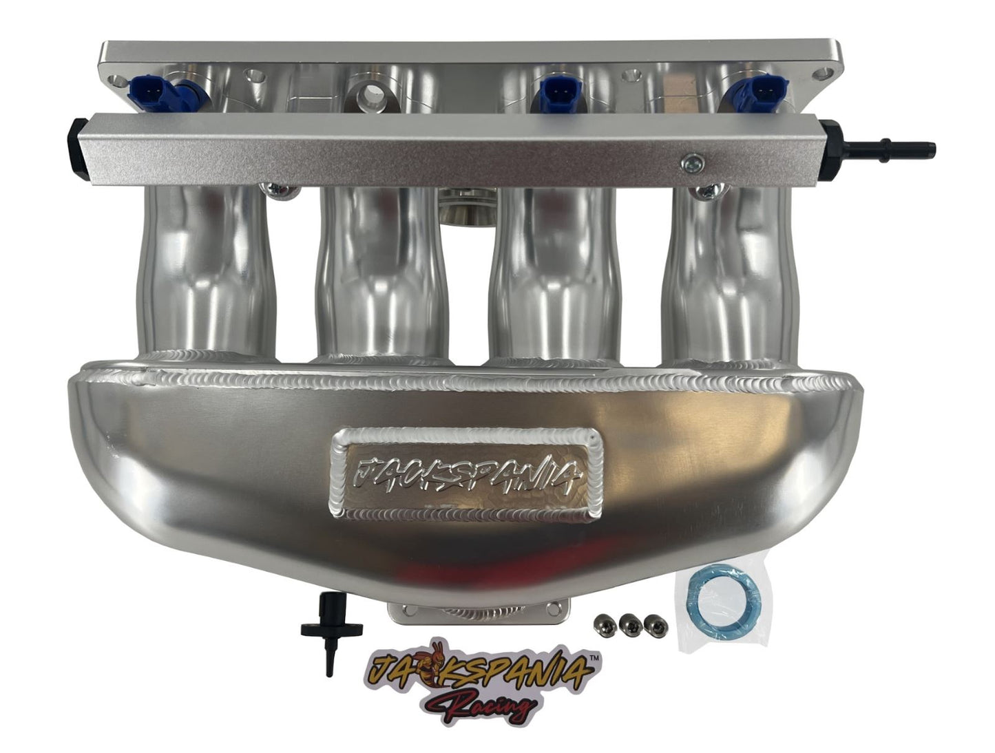 Jack Spania Racing K Series center feed intake manifold sheet metal for K20 and K24 engine swaps, showing the polished metal design.